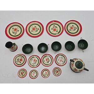 Vtg Ohio Tin Children Floral Kitchen 19 Pc 4 Plates 1 Pot 1 Pitcher 1 Bowl 4 Cup